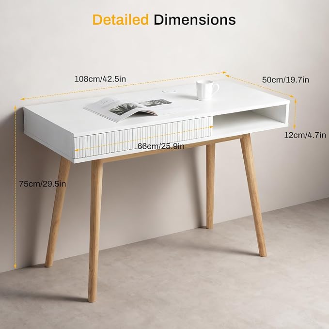 Artswish 42 Wood Modern Office Desk with Drawer Simple Writing Desk for Home White