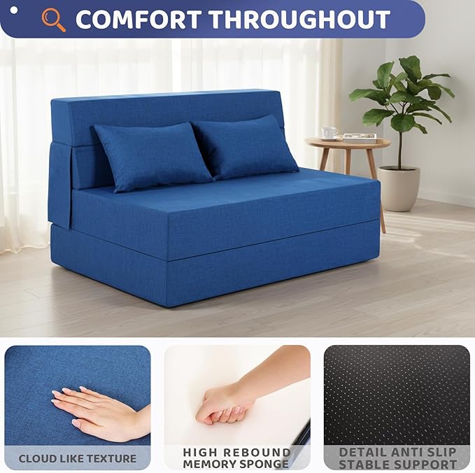 Folding Sofa Bed Foldable Sleeper Chair with Pillow Convertible Fold Out Chair Bed with Washable Cover Foldable Mattress for Living Room Bedroom Guest Room Standard Size Blue