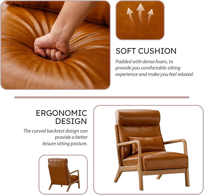 Accent Chair Mid Century Modern Chair PU Leather Fabric Living Room Chairs with Solid Wood Frame Comfy Upholstered and Lumbar Pillow Reading Side Chair Easy Assembly for Bedroom (1 Brown)