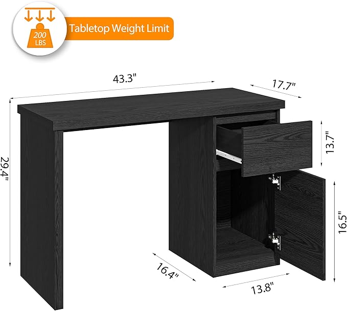furtble Computer Desk with Drawers 43 Inch Wood Work Desk Home Office PC Desk Workstation with Storage Modern Computer Table for Bedroom Living Room Black
