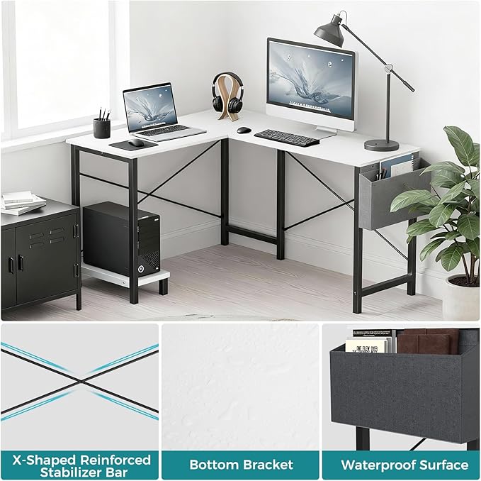OLIXIS L Shaped Desk 50-Inch Office Computer Gaming Desks Corner PC Table with Side Bag and Reversible Shelf for Home Work Study Writing White