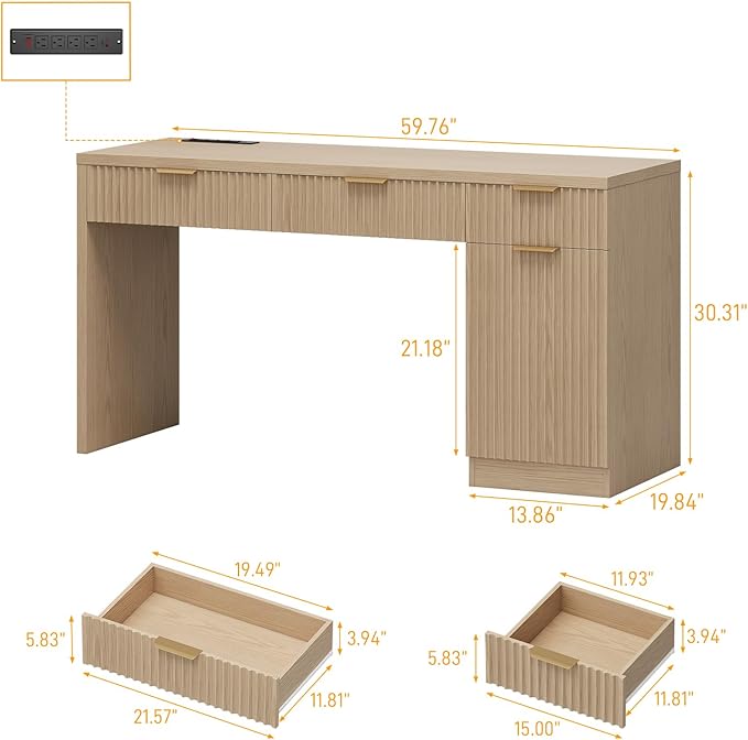 Vabches 60 Executive Desk with Fluted Drawers Wood Home Office Desk with Storage Cabinet Charging Station Fluted Computer Writing Desk for Study Living Room Natural Oak.