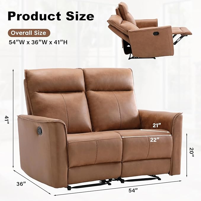 CANMOV Manual Loveseat Recliner Sofa Wall-Hugger 2 Seat Reclining Love Seat Couches Leathaire Reclining Sofa Set Double Seater Recliner Chair for Living Room Office Apartment Brown