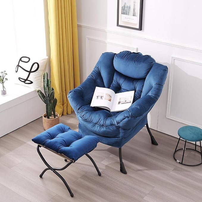 LITA Lazy Chair with Ottoman Modern Accent Leisure Upholstered Sofa Chair Contemporary Lounge Reading Chairs with Armrests and a Side Pocket for Living Room Bedroom &amp Small Space Royal Blue