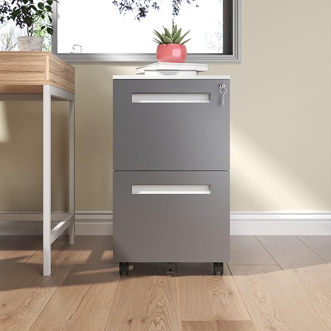2 Drawer File Cabinet with LockSmall Filing Cabinet OrganizerModern Under Desk Storage Drawers for Home Office Commercial UseWhite