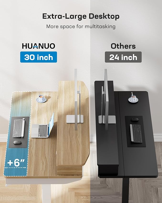 HUANUO 48 x 30 inch Electric Standing Desk with 4 Drawers Adjustable Height Sit Stand Home Office Desk with Two Tiers Ergonomic Adjustable Stand up Desk C-Clamp Monitor Mount Compatible Natural