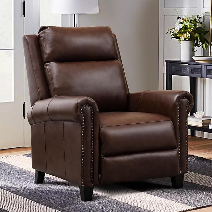 CANMOV Leather Pushback Recliner Chair Classic and Traditional Push Back Recliner Chair with Rivet Decoration for Living Room Adjustable Single Sofa Brown