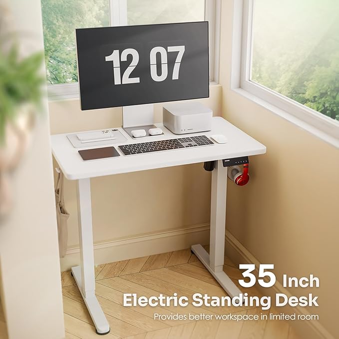 Monomi Small Electric Standing Desk 35 x 24 Whole Piece Height Adjustable with Memory Controller White Sit to Stand Desk Workstation for Home Office