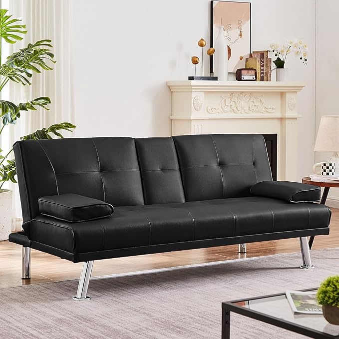 Futon Sofa Bed Modern Folding Couch for Small Space Faux Leather Convertible Loveseat Sleeper Bed Daybed Recliner Lounge Sofas for Living Room2 Cup HoldersMetal LegsRemovable Armrests (Black)