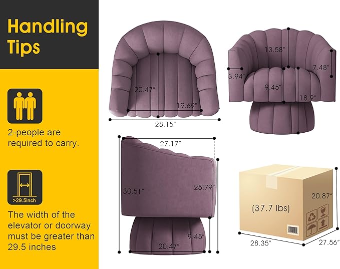 Accent Chair Mid Century 360 Degree Swivel ChairModern Lounge Sofa Round Barrel Chair with Wide UpholsteredFluffy Velvet Fabric Chairs for Home Sofa Living Room/Bedroom/Waiting Room(Purple)