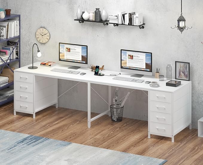 TVU 95 2 Person Desk with 8 Drawers Double Desk for Two People Home Office Desks with Outlets Long Desks Workstation Drawer Organizers with 8 Fabric Drawers White