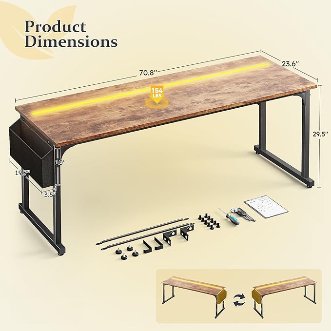 71 Inch Computer Desk with LED Lights Office Desk for Home Office Study Desk Writing Table with Storage Bag Headphone Hook Rustic Brown