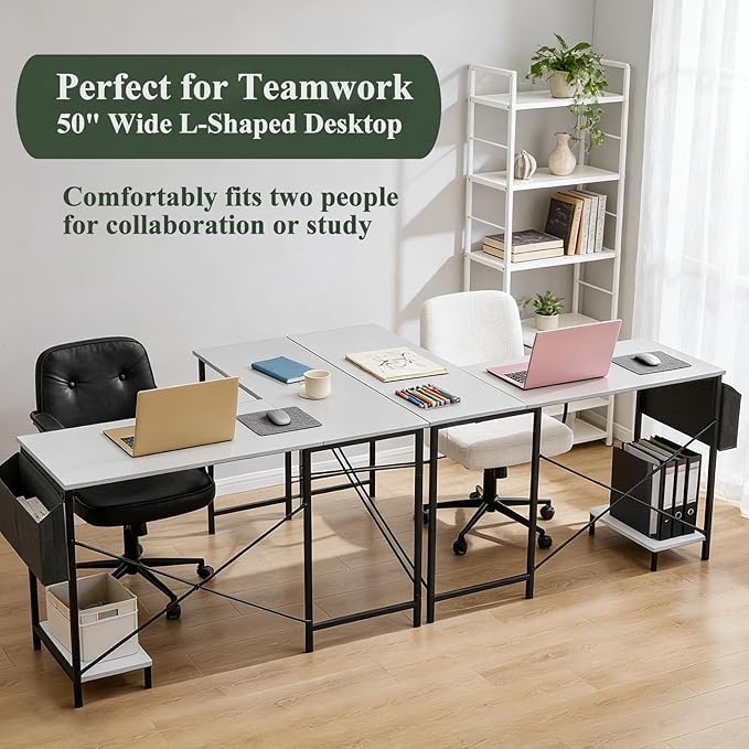 L-Shaped Home Office Computer Desk Gaming Desk with CPU Stand Shelf and Hanging Storage Pocket Corner Student Study Writing Table Sturdy Metal Frame 43.3 D x 50 W Classic White