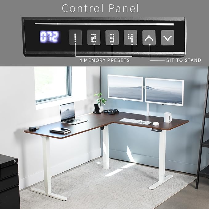 VIVO Corner Standing Desk 63 x 55 inch Reversible L-Shaped Workstation Electric Height Adjustment Home Office and Reception Rooms Dark Walnut Table Top White Frame DESK-E3CTWD
