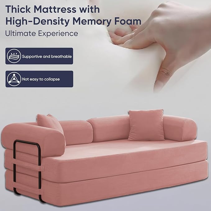 ijuicy 4-in-1 King Convertible Floor Sofa Bed w/ 2 PillowModular Sleeper Sofa/Folding Futon Couch Bed w/Cylindrical Backrest and Fixed FrameLounge CouchCorduroy Compression Sofas for Home-Pink
