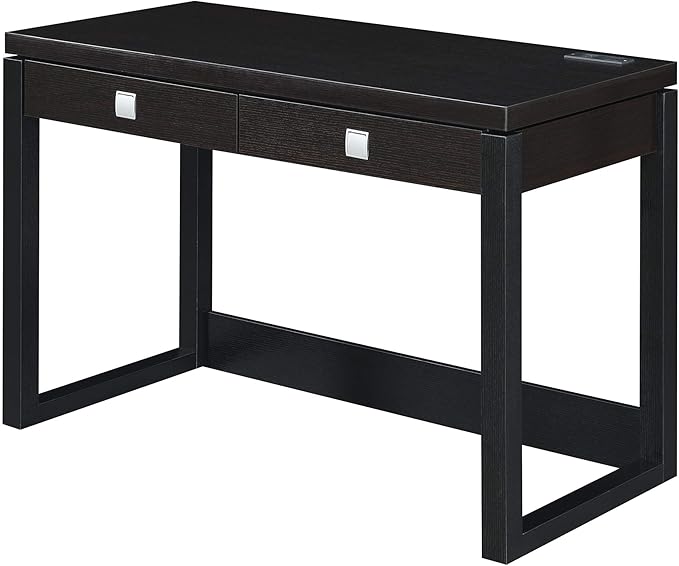 Pemberly Row Two-Drawer Desk with Charging Station Black Wood Finish 47.25 in x 23.25 in x 30.75 in Includes USB Ports and Outlet Concealed Storage Home Office Desk for Workspace Organization
