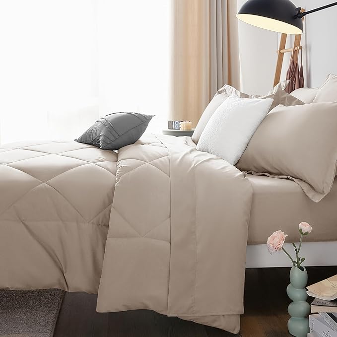 CozyLux Queen Comforter Set Linen - Bed in a Bag Queen Size 7 Pieces Luxury Soft Bed Set for All Seasons Bedding Set with Down Alternative Comforter Sheets Pillowcases &amp Shams