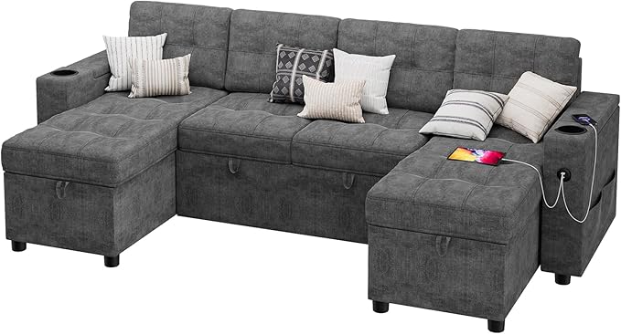IDEALHOUSE U-Shaped Couches for Living Room Sofa Bed for Living Room with Reversible Storage Chaises and Hidden Storage Armrests Cup Holders and USB Charging Ports Included Dark Grey