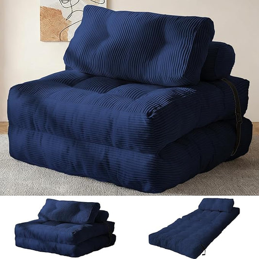 Folding Sofa Bed Convertible Floor Sleeper Chair Comfy Futon Floor Couch 2 in 1 Pull Out Single Boneless Sofa for Living Room Bedroom No Assembly (Corduroy Blue A)