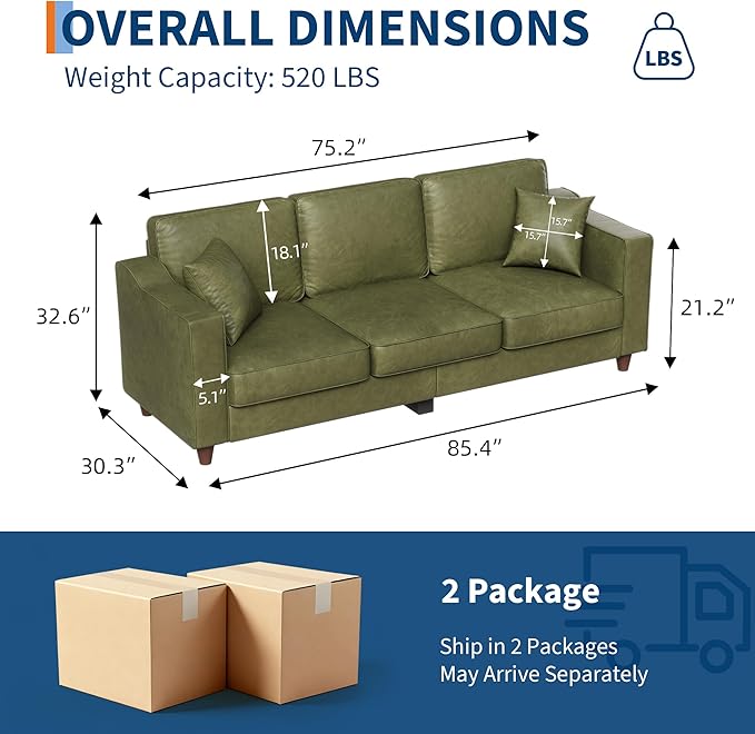 Faux Leather Couch with 2 Throw Pillows Sofa Couches for Living Room 3 Seater Sofa with Wide Armrests Wood Legs Deep Seats Back Cushion Sturdy Support Feet for Office Living Room Olive Green