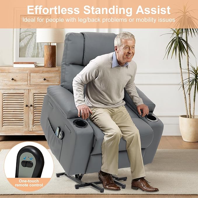 Power Lift Recliner Sofa Chair Electric Stand Assit for Elderly People Leather Reclining Chair with Cup Holders Massage &amp Heat Functions Living Room or Bedroom Furniture for Resting Gray