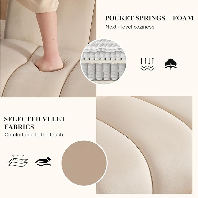 Modern Accent Chair Velvet Upholstered Fuzzy Club Chairs with Tufted Design Comfy Living Room Chair with Metal Legs Padded Reading Chair for Reading Room (Beige-Velvet)