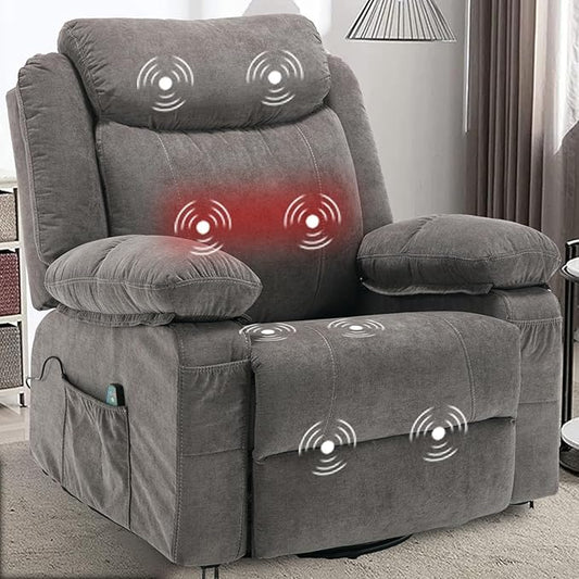Swivel Rocker Recliner Chair with Massage and Heat Overstuffed Nursery Recliners Oversized Fabric Single Sofa Manual Reclining Home Theater Lounge Chairs for Living Room Adults Grey