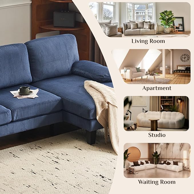 Karl home U-Shape Sectional Sofa Couch 111 Modern 4-Seat Sofa with Chaises Corduroy Fabric Upholstered Covertible Couch with Wood Grain Legs for Living Room Reception Room Apartment Navy Blue
