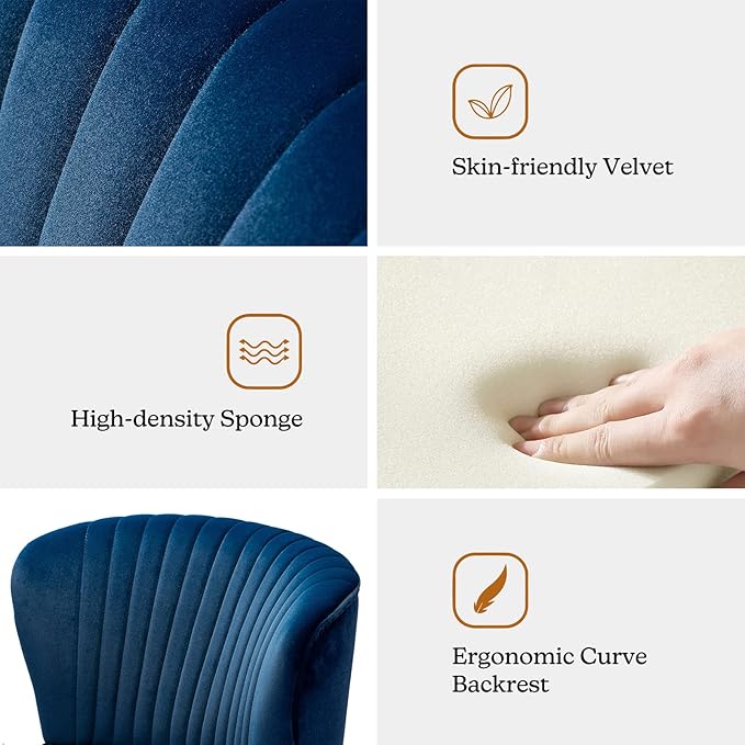 TINA'S HOME Monica Velvet Accent Chair Set of 2 Mid Century Side Chair Comfy Upholstered Living Room Chair with Golden Legs Wingback Armless Slipper Chair for Bedroom Guest Room- Navy Blue