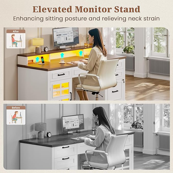60'' Farmhouse Executive Desk with Drawers Home Office Desk with Power Outlet &amp LED Light Wood Computer Desk with Monitor Stand Locking File Drawer Glass Storage Cabinet Hooks White