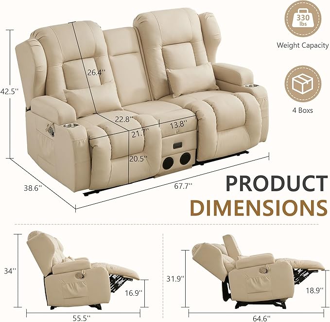 URRED Manual Loveseat Recliner Sofa with Console Rocker Recliner Couch with Bluetooth Speakers USB Ports &amp AC Outlets Cup Holders and Side Pocket for Living Room &amp Home Theater (Leathaire B
