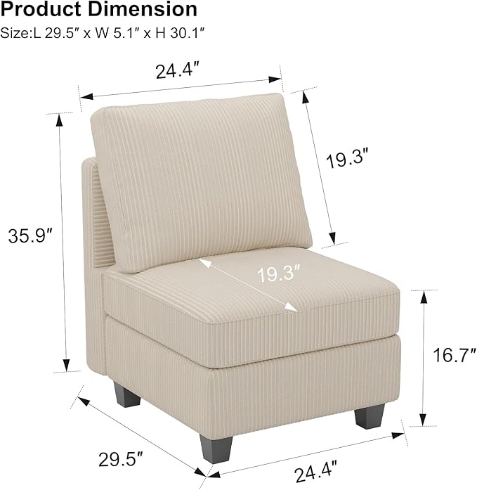 Belffin Corduroy Middle Seat Modular Sectional Couch Module Parts Convertible Modern Sectional Sofa Couch Beige