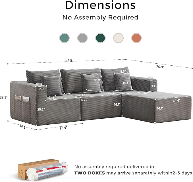 WELAX 104 Modular Sectional Couches for Living Room Boneless Couch L-Shape with Cup Holders &amp Pillows Modern Corduroy Cloud Sofa 4 Seater Home Comfy Sofas for Bedroom Grey