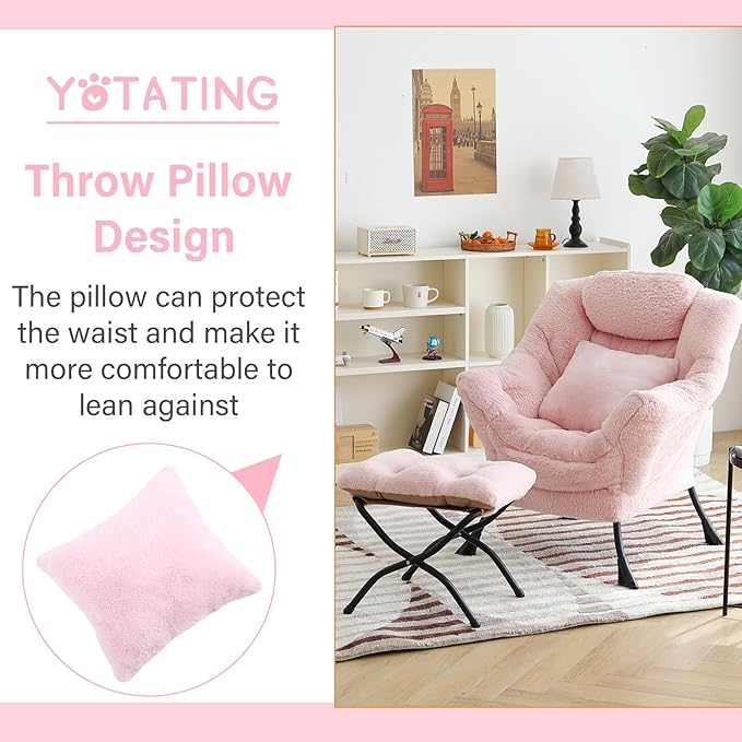 Lazy Chair with Ottoman Comfy Reading Lounge Chair with Footstool &amp Throw Pillow Modern with Armrests &amp Side Pocket for Living Room Bedroom Dorm Room Plush Pink