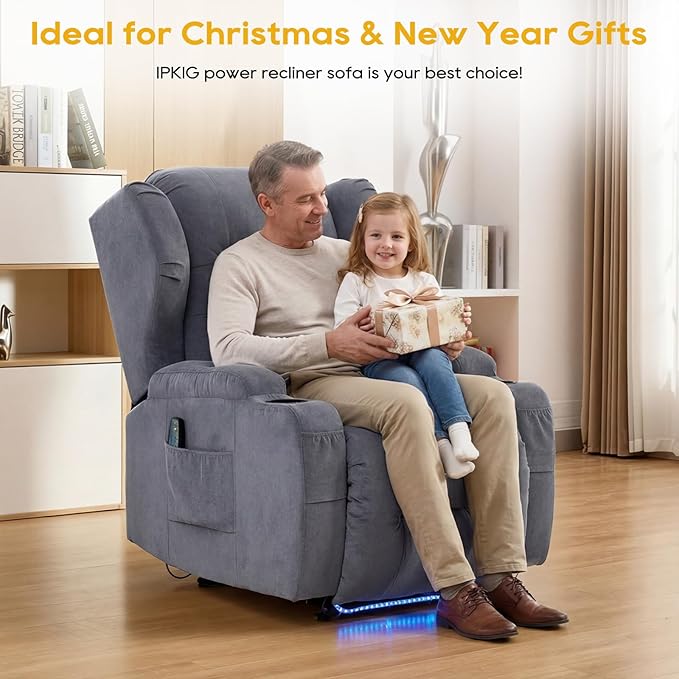 IPKIG Power Recliner Chair with Massage and Heat Electric Recliner for Living Room Home Theater Bedroom with LED Lights USB Charger Cup Holders Side Pockets &amp Lumbar Pillow (2 Grey)