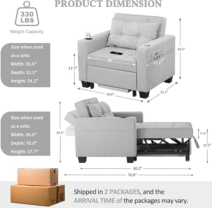 DURASPACE Pull Out Sofa Bed 3-in-1 Convertible Sofa Sleeper Chair Bed with USB Cup Holder Adjustable Armchair Beds for Small Spaces Apartment Living Room Office (Light Gray Linen)