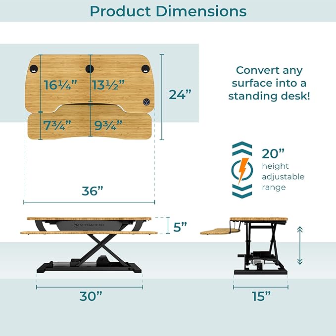VERSADESK® PowerPro™ 36” x 24” Standing Desk Converter | 36 Inch Electric Height Adjustable Sit to Stand Desk Riser w/Keyboard Tray &amp USB Hub - Ergonomic Workstation for Home &amp Office Bamboo