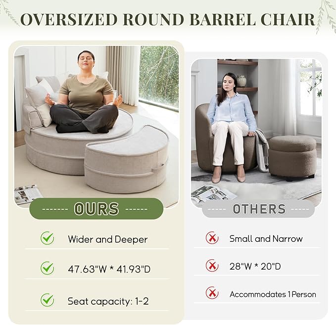 47.63'' Oversized Accent Barrel Chair with Ottoman Modern Round Boneless Idoor Chaise Lounge Chair and A Half Comfy Velvet Compression Large Reading Armchair with 5 Pillows for Living Room Gray