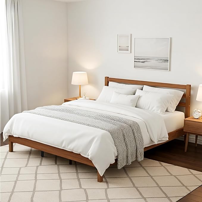Sweetcrispy Solid Wood Bed Frame - King Size Mattress Foundation with Headboard No Box Spring Needed with 1100LBS Sturdy Wooden Slats Support Noise Free Easy Assembly