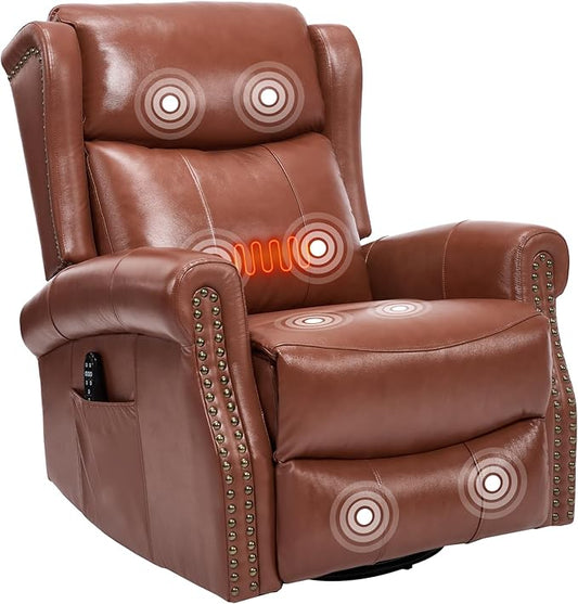 PELUMY Genuine Leather Swivel Rocking Recliner Chair for Adults 360° Swivel Glider Rocker with Heat &amp Vibrating Massage Lounge Chair for Living Room Bedroom Nursery (Tangerine-Red Brown)