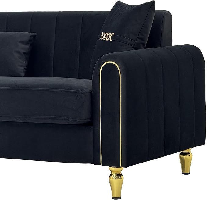 87.5 Modern 3-Seater Velvet Couch Set of 2 with Metal Legs &amp Decorative Pillows High Resilience Sponge Spring Seat Luxury Sectional Loveseat Sofa Set for Living Room Apartment Small Space Black