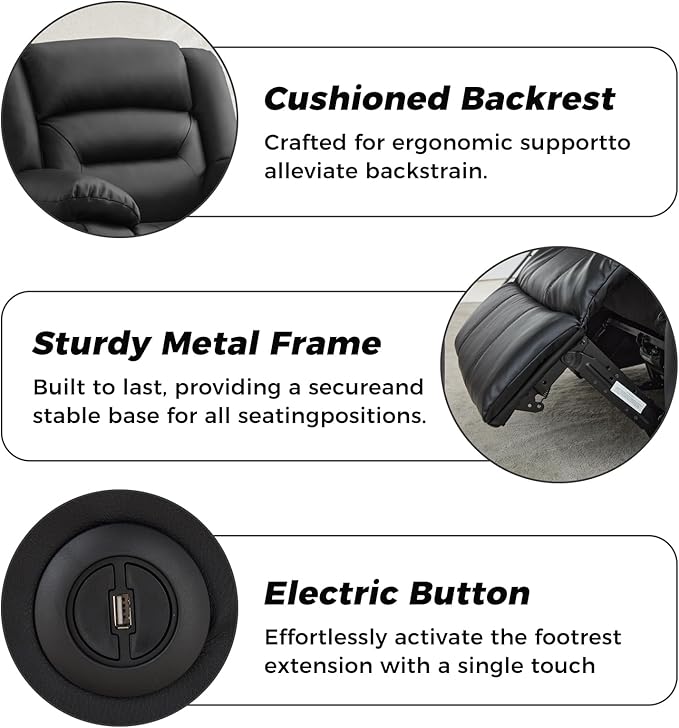 EBELLO Classic Power Recliner Chair Faux Leather Oversized Electric Overstuffed Chair with Soft Cushion and Back Sofa with Comfortable Armchair for Living Room Black