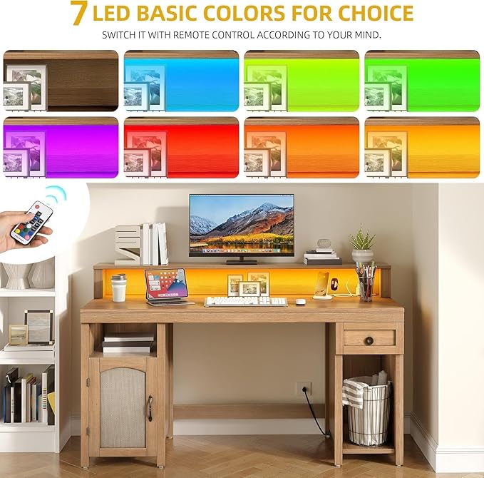DWVO Farmhouse Office Desk with Drawer &amp Power Outlets Rattan Computer Desk w/LED Strip &amp Monitor Stand for Bedchamber Study Home Office Table w/Storage Cabinet for Working Writing Gaming (O