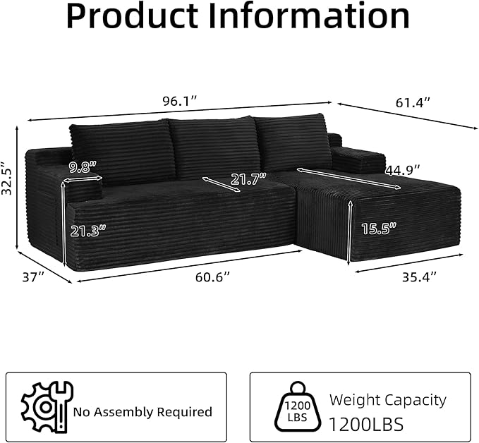 Boneless Couch Corduroy Cloud Sofa 96'' Sectional Couches Deep Seat L-Shaped Sofa No Assembly Pet-Friendly Apartment Couch for Living Room Small Spaces in a Box