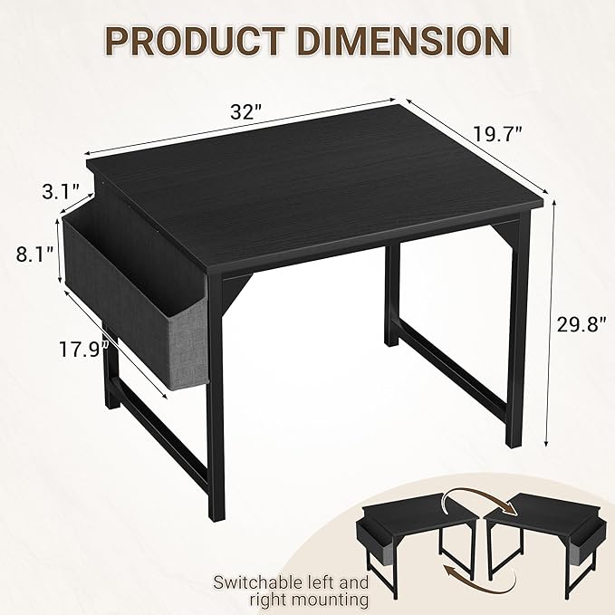 Furmax Computer Desk 32 Inch Small Office Desk with Storage Bag &amp Headphone Hook Workstation for Home Office Modern Writing Study Table (Black)