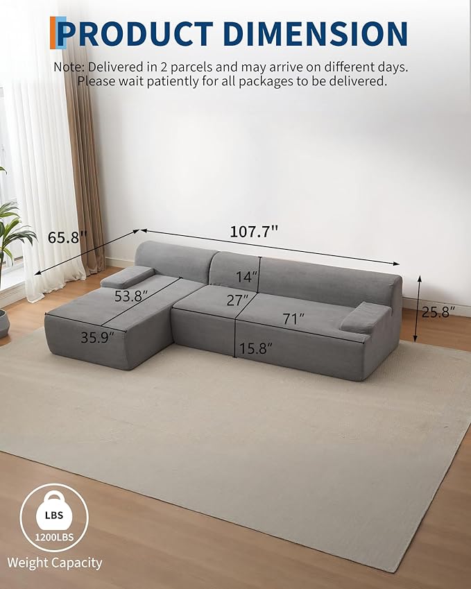 Garvee 108'' Modular Sectional Sofa Left Facing Chaise L-Shaped Boneless Couch Ultra Deep Seat Modern Sectional Sofa for Living Room 5mm Wale Corduroy Fabric Gary