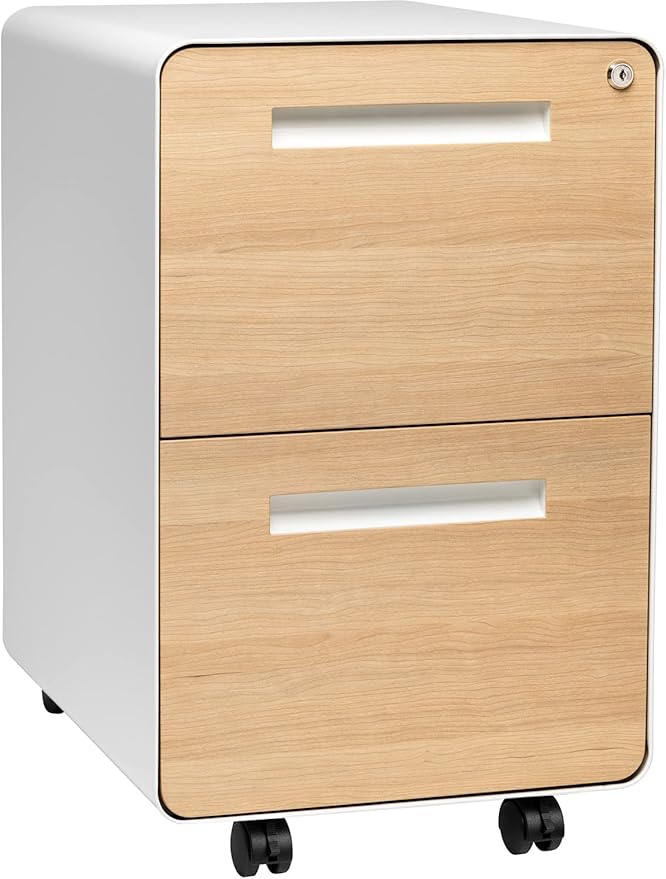 Laura Davidson Furniture Stockpile 2 Drawer Mobile File Cabinet with Lock - Under Desk Metal Filing Cabinet Legal/Letter File Folders Wheels and Stationary Feet Pre-Assembled White/Wood
