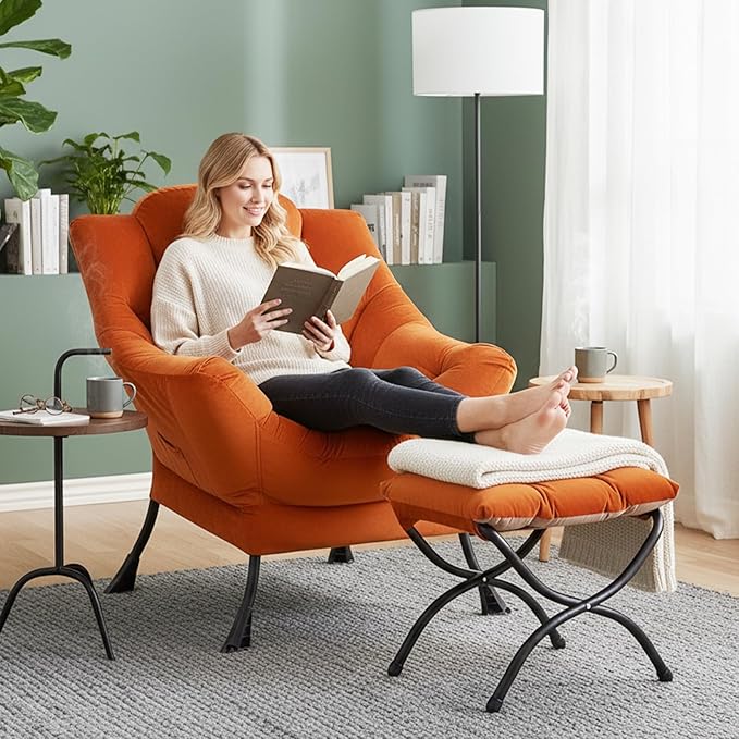 Lazy Chair with Ottoman Modern Accent Chair Contemporary Sofa Chair with Armrests Reading Chair and Folding Footstool Set for Living Room Bedroom Orange