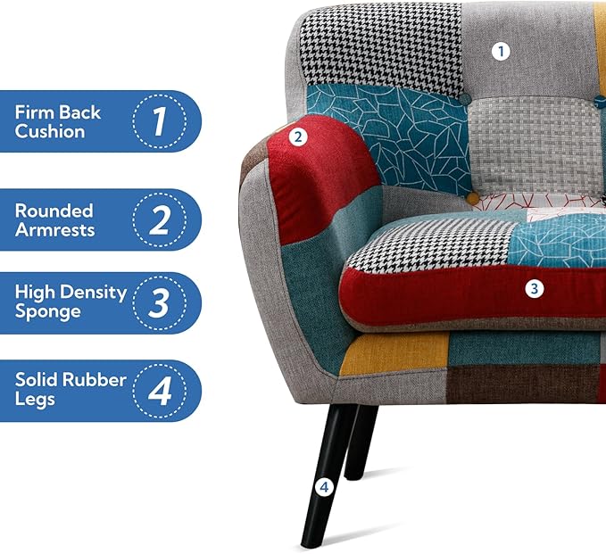 Bonzy Home Modern Boho Loveseat Couch Sofa Chair for Living Room Bedroom Upholstered Colorful Plaid Fabric 2-Seat Love Seat Sofa with Wood Leg for Small Space One Loveseat