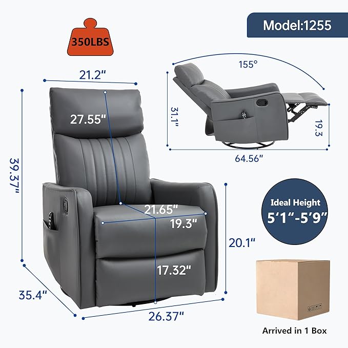 PELUMY 360 Swivel Rocking Recliner Chair for Adults Nursery Rocking Chair with Heat and Massage Glider Reclining Chair for Small Space Living Room Bedroom (Breathable Leather Grey)